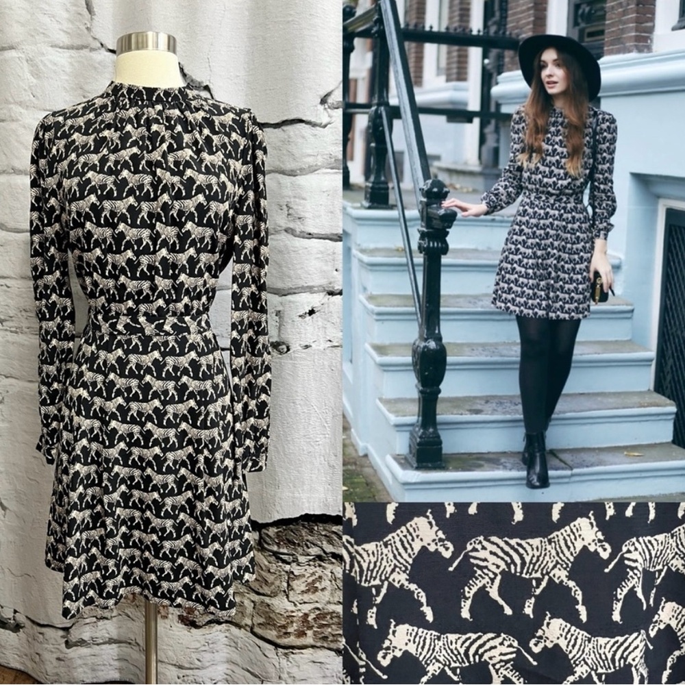 & Other Stories Animal Print Zebra Aline Pleated Dress Long Sleeve Dress